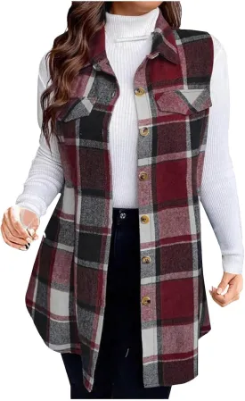 Womens Wool Blend Plaid Shacket Collared Winter Sleeveless Blazer Jackets Flannel Vest Long Button Down Cardigans