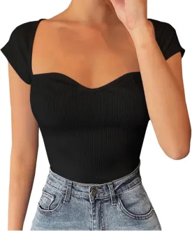 xxxiticat Women's Summer Short Sleeve Ruched Knitwear Crop Top Casual Slim Fit Square Neck Tight Knitted Bustier Shirt