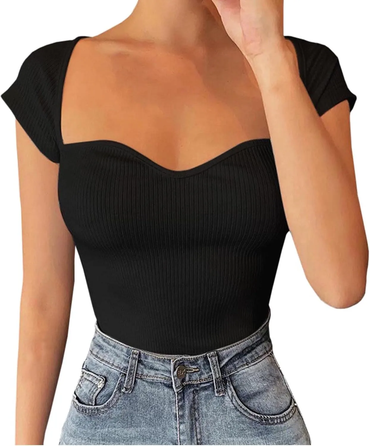 xxxiticat Women's Summer Short Sleeve Ruched Knitwear Crop Top Casual Slim Fit Square Neck Tight Knitted Bustier Shirt